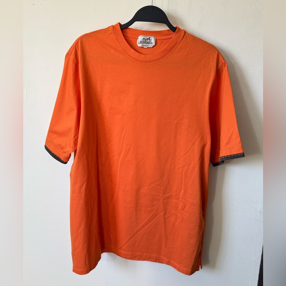 Hermès Iconic Orange Cotton Tshirt Size Large with Pattern Sleeve Edges - Picture 2 of 7